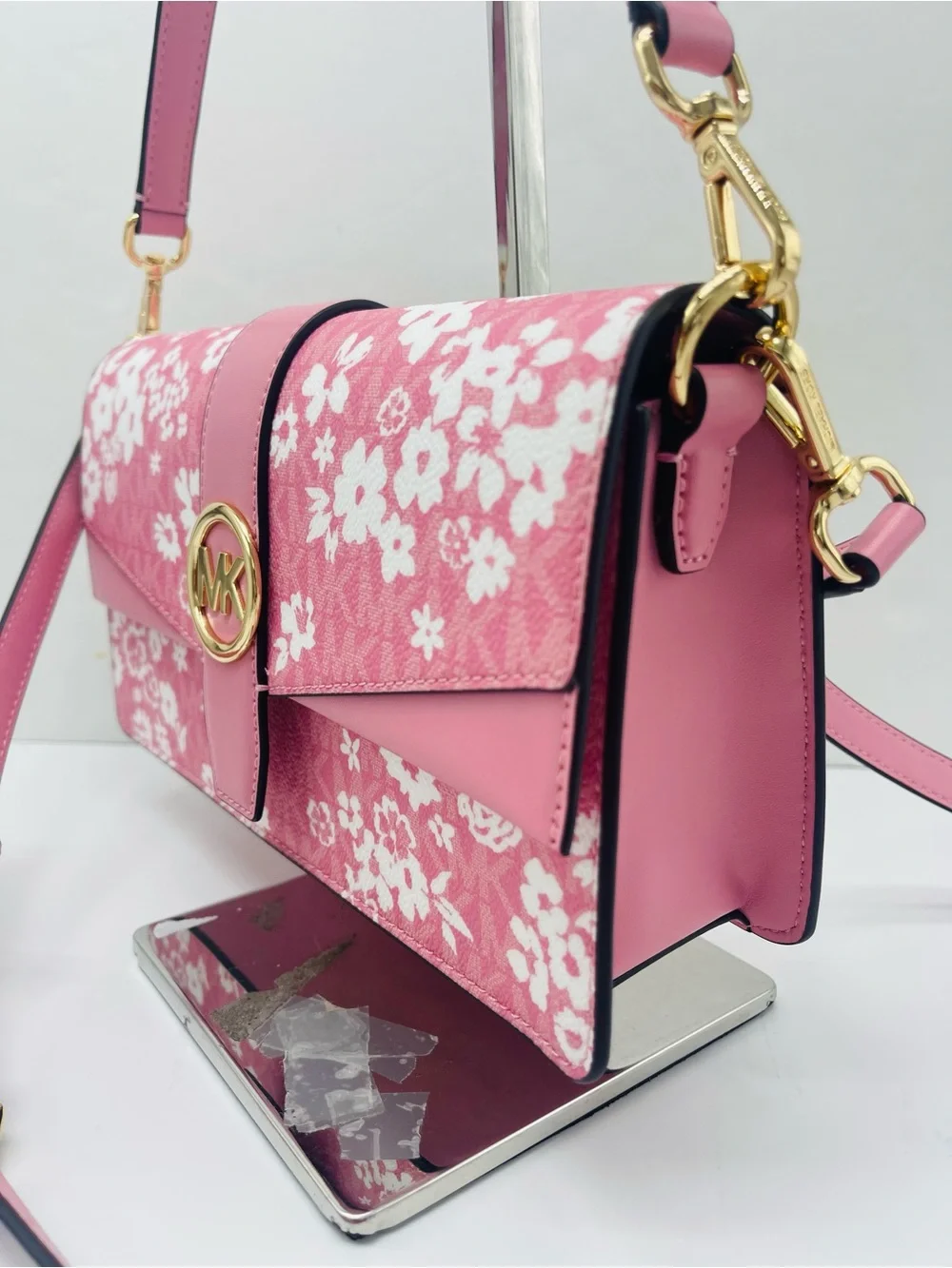 MICHAEL KORS Greenwich Md Printed MK Logo Convertible Shoulder Carnation  NWT